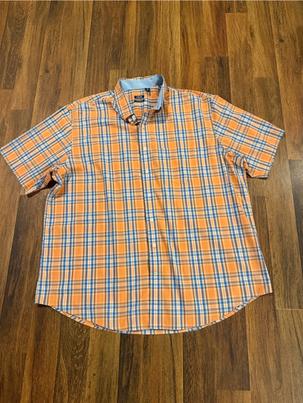 Izod Orange and Blue Plaid Short Sleeve Button-Up Shirt 2XLT